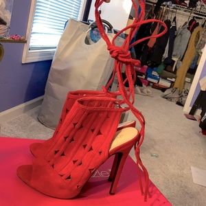 Gently used, red, cut-out, lace-up, peep toe heels, sz: 7